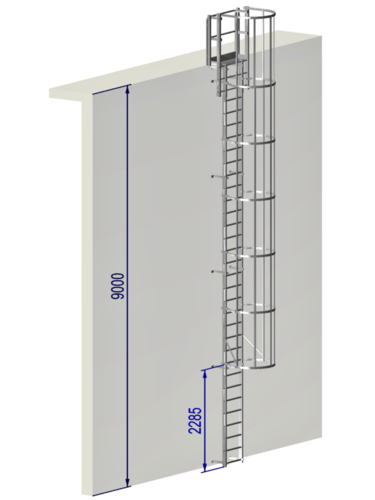 Escala fija con protección espaldar / salida estándar / puerta superior / 9 m