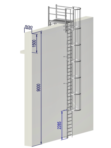 Escala fija con protección espaldar / salida plataforma y barandillas laterales / 9 m